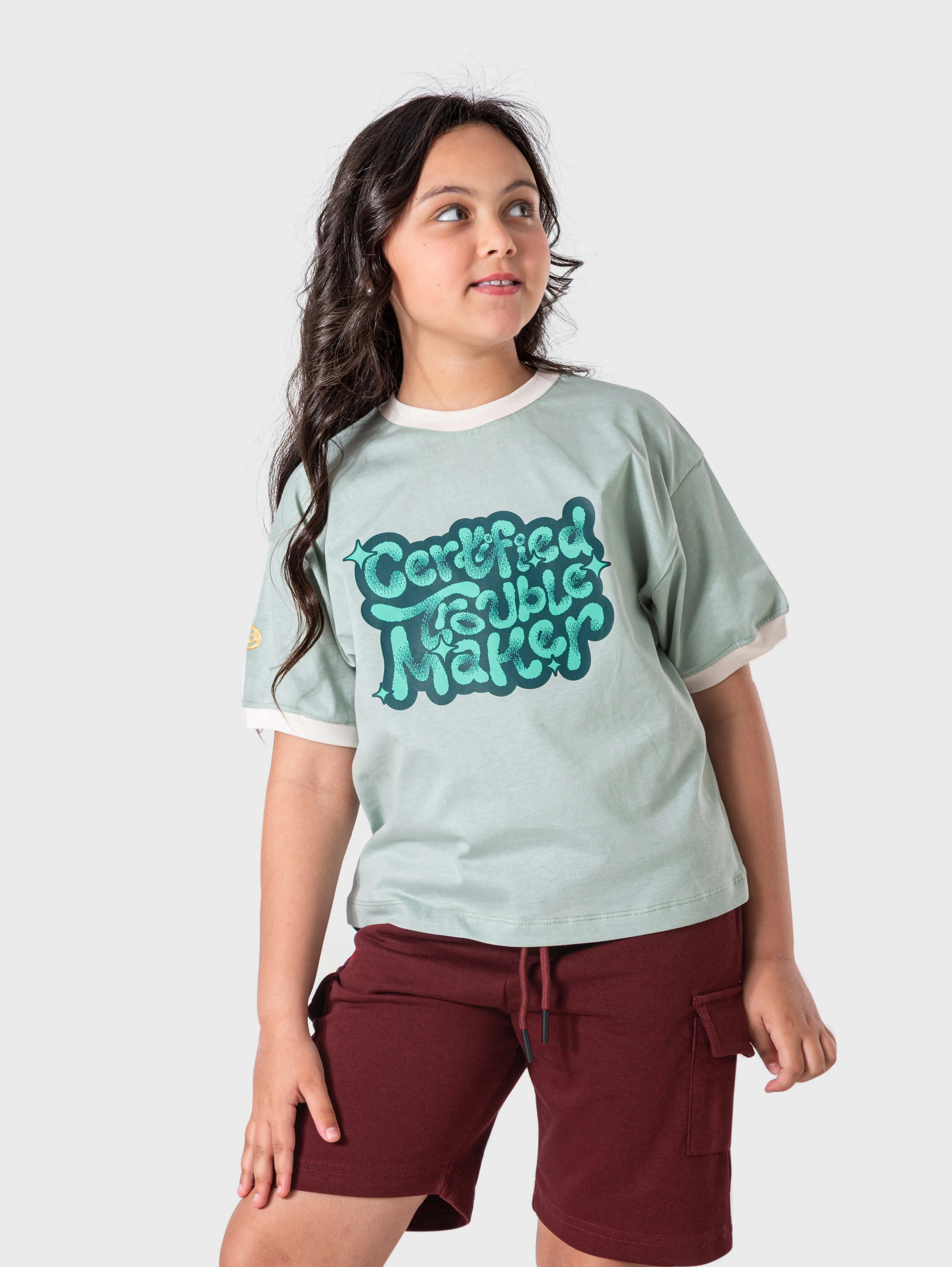 Sage Green Graphic T‑Shirt – Certified Trouble Maker