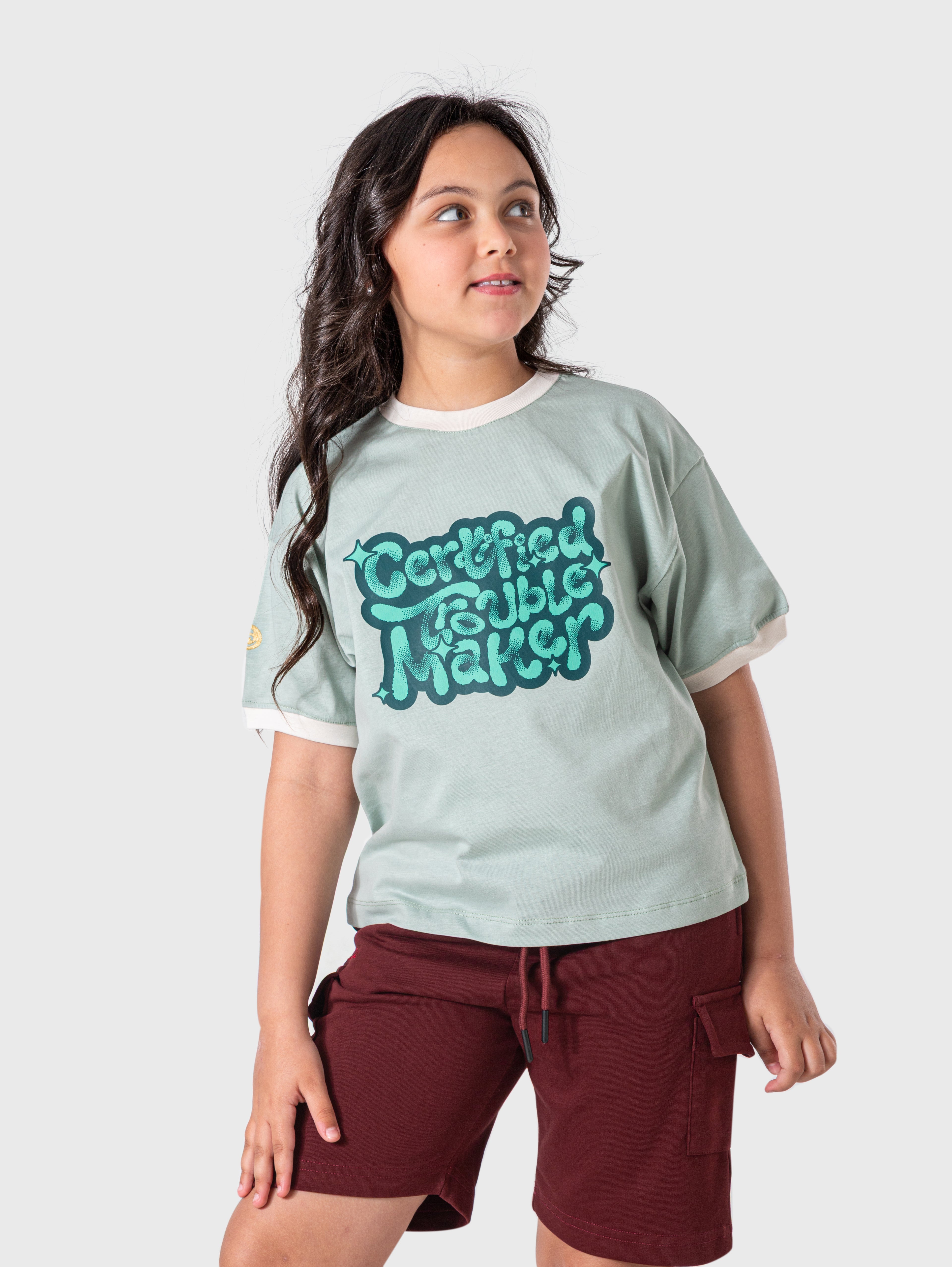Sage Green Graphic T‑Shirt – Certified Trouble Maker